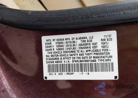 2008 Honda Odyssey Ex from USA, damaged, VIN 5FNRL38478B015468